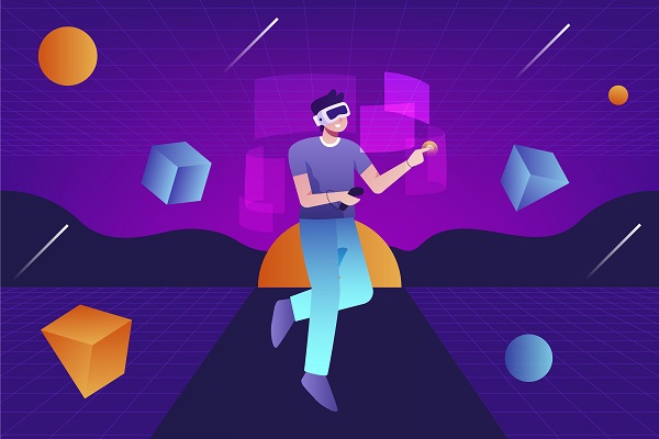 Graphic of a man playing in a neon virtual reality world